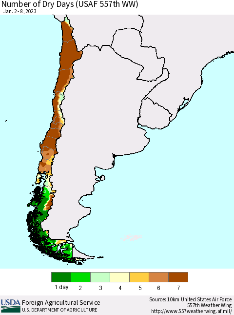 Chile Number of Dry Days (USAF 557th WW) Thematic Map For 1/2/2023 - 1/8/2023