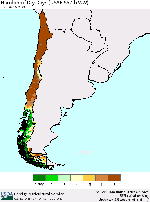 Chile Number of Dry Days (USAF 557th WW) Thematic Map For 1/9/2023 - 1/15/2023