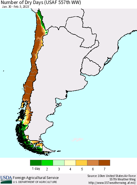 Chile Number of Dry Days (USAF 557th WW) Thematic Map For 1/30/2023 - 2/5/2023