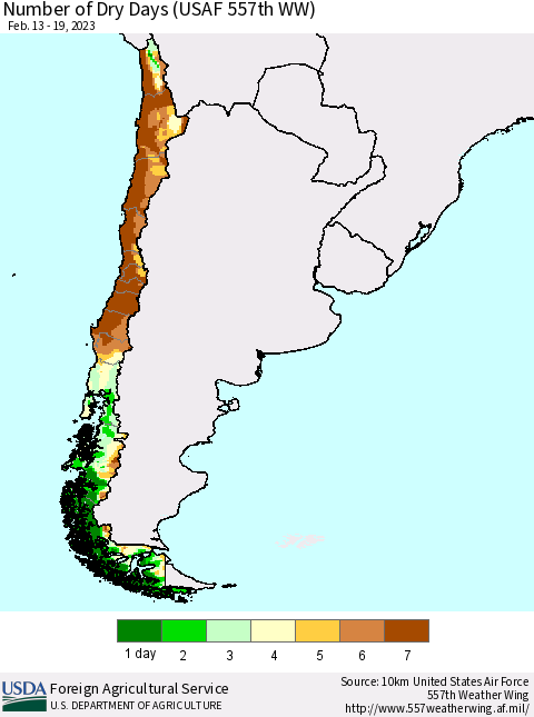 Chile Number of Dry Days (USAF 557th WW) Thematic Map For 2/13/2023 - 2/19/2023
