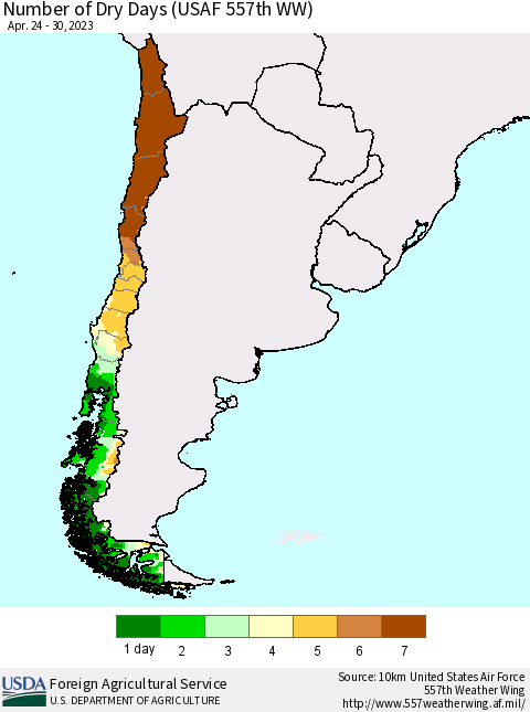 Chile Number of Dry Days (USAF 557th WW) Thematic Map For 4/24/2023 - 4/30/2023