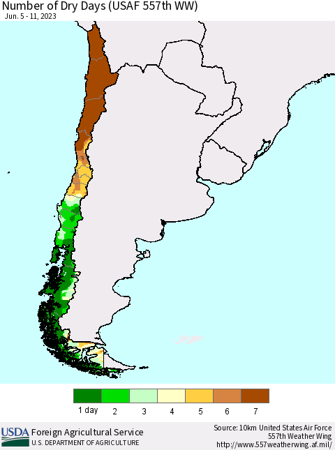 Chile Number of Dry Days (USAF 557th WW) Thematic Map For 6/5/2023 - 6/11/2023