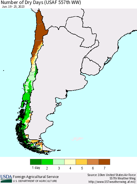 Chile Number of Dry Days (USAF 557th WW) Thematic Map For 6/19/2023 - 6/25/2023