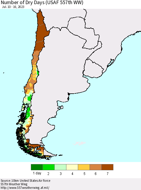 Chile Number of Dry Days (USAF 557th WW) Thematic Map For 7/10/2023 - 7/16/2023