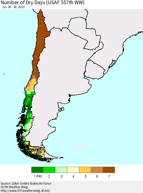 Chile Number of Dry Days (USAF 557th WW) Thematic Map For 7/24/2023 - 7/30/2023