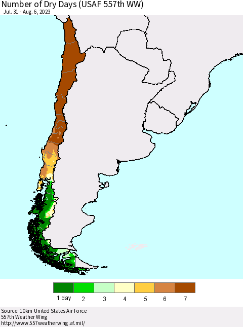 Chile Number of Dry Days (USAF 557th WW) Thematic Map For 7/31/2023 - 8/6/2023