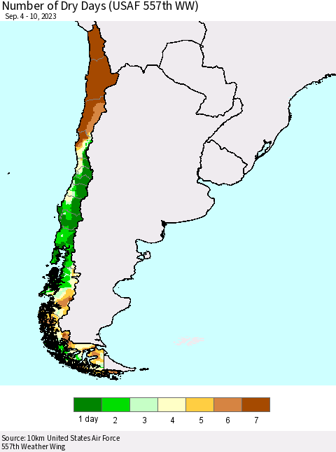 Chile Number of Dry Days (USAF 557th WW) Thematic Map For 9/4/2023 - 9/10/2023