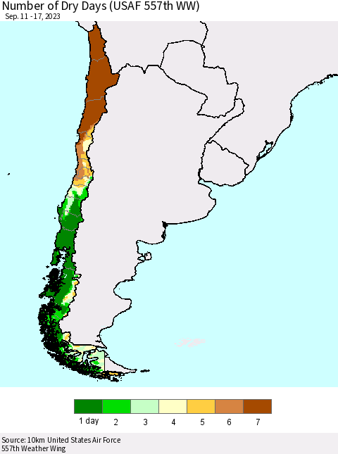 Chile Number of Dry Days (USAF 557th WW) Thematic Map For 9/11/2023 - 9/17/2023