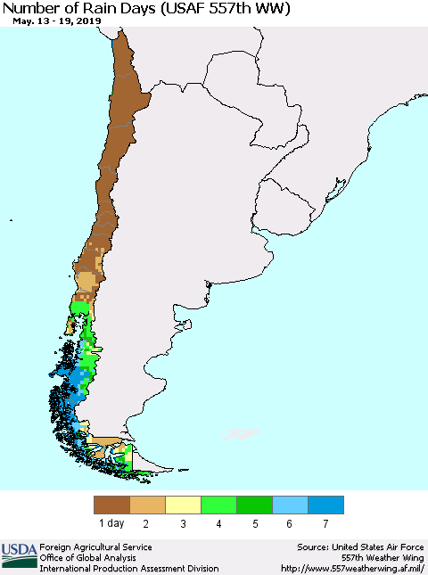 Chile Number of Rain Days (USAF 557th WW) Thematic Map For 5/13/2019 - 5/19/2019