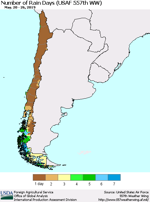 Chile Number of Rain Days (USAF 557th WW) Thematic Map For 5/20/2019 - 5/26/2019