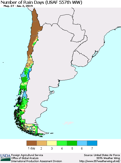 Chile Number of Rain Days (USAF 557th WW) Thematic Map For 5/27/2019 - 6/2/2019