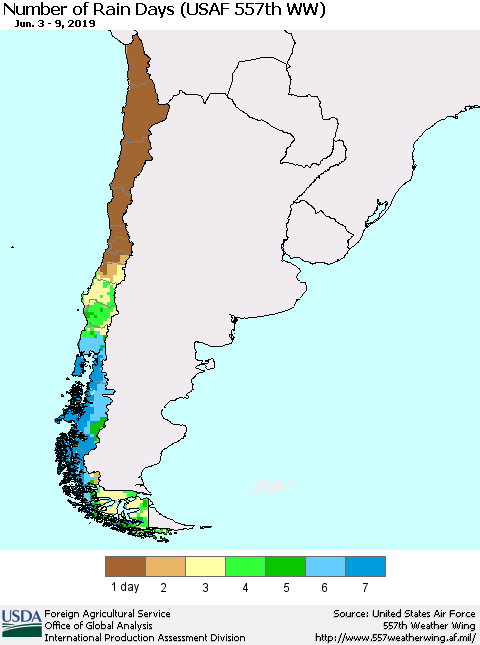Chile Number of Rain Days (USAF 557th WW) Thematic Map For 6/3/2019 - 6/9/2019