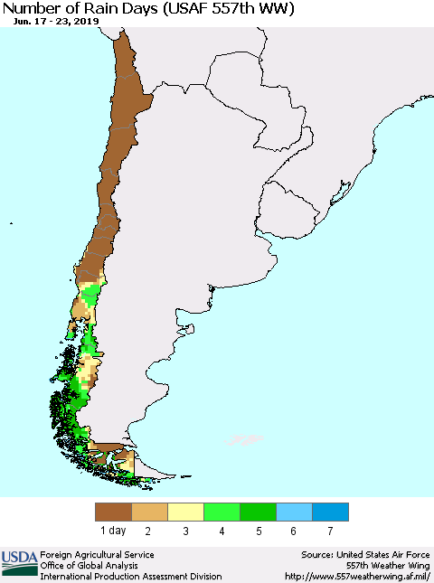 Chile Number of Rain Days (USAF 557th WW) Thematic Map For 6/17/2019 - 6/23/2019