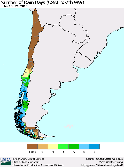 Chile Number of Rain Days (USAF 557th WW) Thematic Map For 7/15/2019 - 7/21/2019
