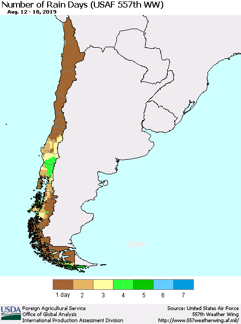 Chile Number of Rain Days (USAF 557th WW) Thematic Map For 8/12/2019 - 8/18/2019