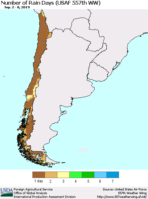 Chile Number of Rain Days (USAF 557th WW) Thematic Map For 9/2/2019 - 9/8/2019