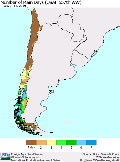 Chile Number of Rain Days (USAF 557th WW) Thematic Map For 9/9/2019 - 9/15/2019