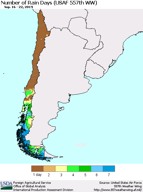 Chile Number of Rain Days (USAF 557th WW) Thematic Map For 9/16/2019 - 9/22/2019