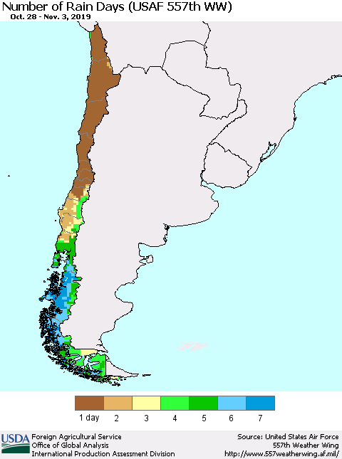 Chile Number of Rain Days (USAF 557th WW) Thematic Map For 10/28/2019 - 11/3/2019