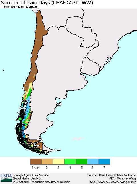 Chile Number of Rain Days (USAF 557th WW) Thematic Map For 11/25/2019 - 12/1/2019