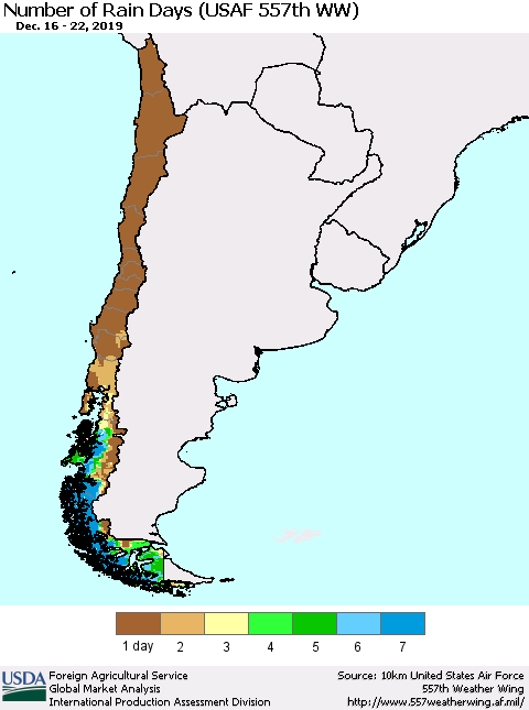 Chile Number of Rain Days (USAF 557th WW) Thematic Map For 12/16/2019 - 12/22/2019