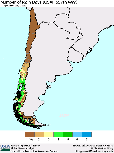 Chile Number of Rain Days (USAF 557th WW) Thematic Map For 4/20/2020 - 4/26/2020