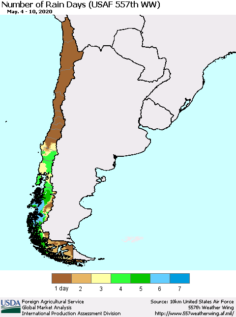 Chile Number of Rain Days (USAF 557th WW) Thematic Map For 5/4/2020 - 5/10/2020