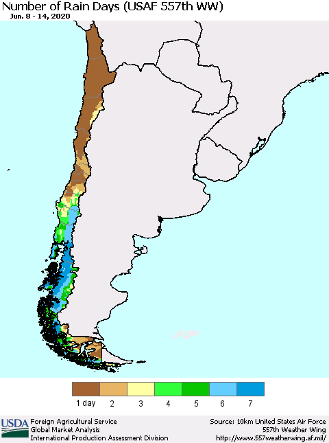 Chile Number of Rain Days (USAF 557th WW) Thematic Map For 6/8/2020 - 6/14/2020