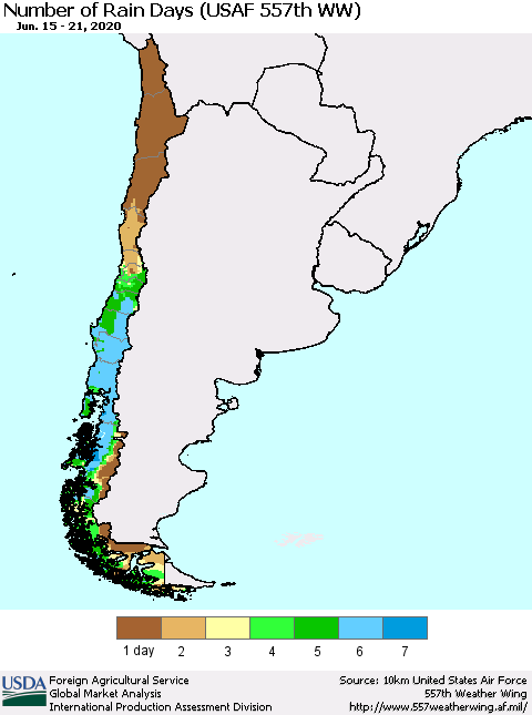 Chile Number of Rain Days (USAF 557th WW) Thematic Map For 6/15/2020 - 6/21/2020