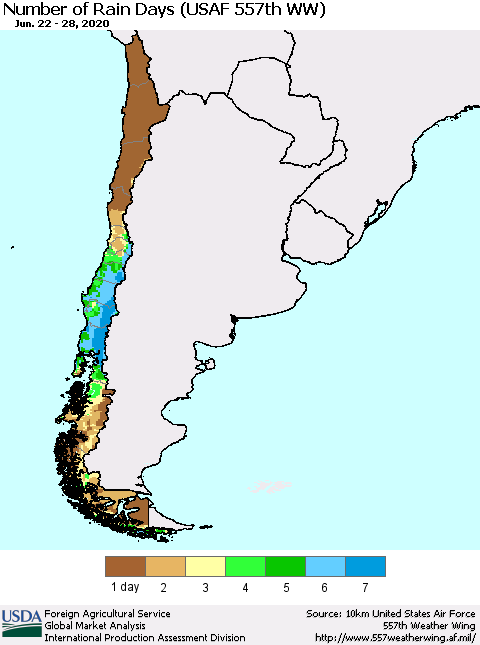 Chile Number of Rain Days (USAF 557th WW) Thematic Map For 6/22/2020 - 6/28/2020