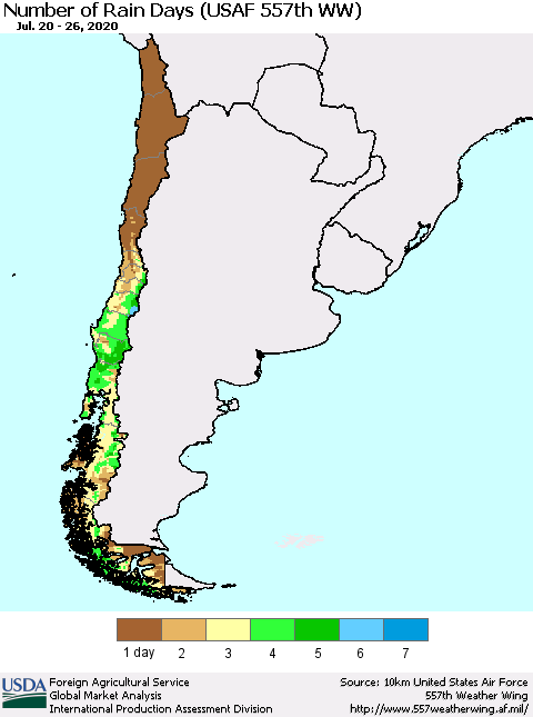 Chile Number of Rain Days (USAF 557th WW) Thematic Map For 7/20/2020 - 7/26/2020