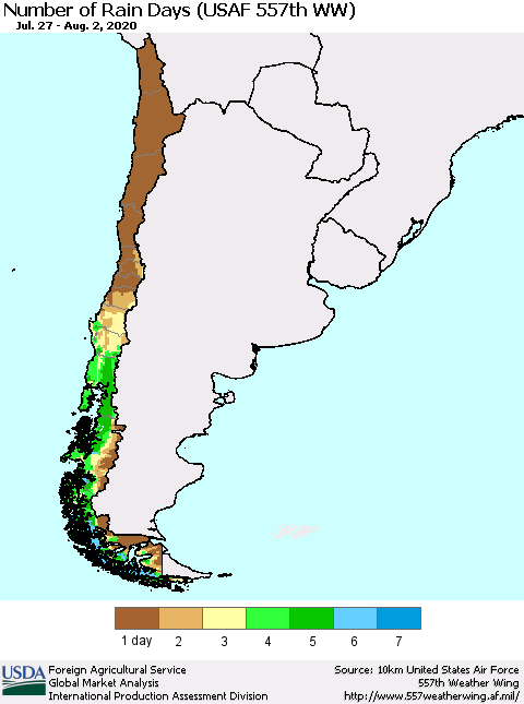 Chile Number of Rain Days (USAF 557th WW) Thematic Map For 7/27/2020 - 8/2/2020