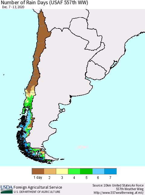 Chile Number of Rain Days (USAF 557th WW) Thematic Map For 12/7/2020 - 12/13/2020