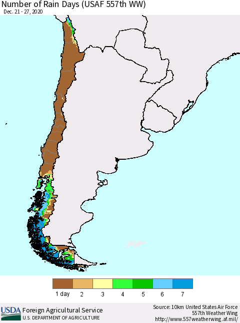 Chile Number of Rain Days (USAF 557th WW) Thematic Map For 12/21/2020 - 12/27/2020
