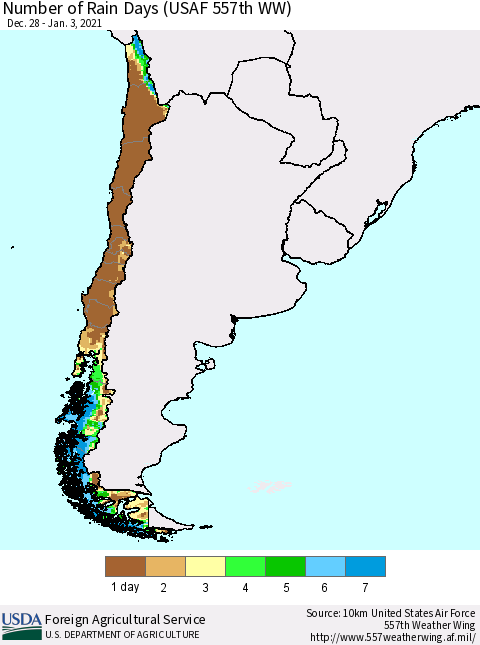 Chile Number of Rain Days (USAF 557th WW) Thematic Map For 12/28/2020 - 1/3/2021