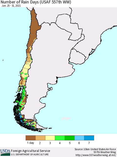 Chile Number of Rain Days (USAF 557th WW) Thematic Map For 1/25/2021 - 1/31/2021