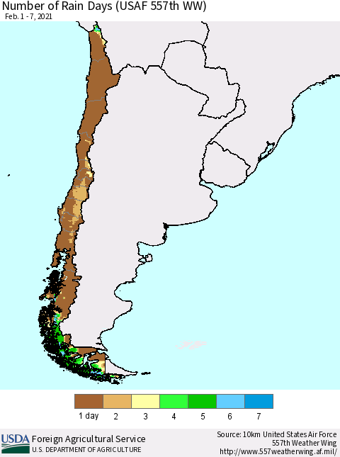 Chile Number of Rain Days (USAF 557th WW) Thematic Map For 2/1/2021 - 2/7/2021