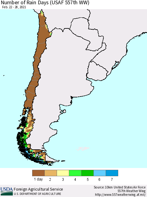 Chile Number of Rain Days (USAF 557th WW) Thematic Map For 2/22/2021 - 2/28/2021