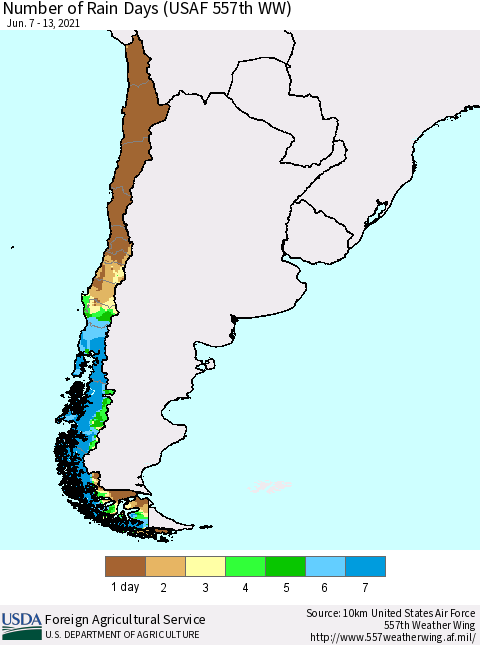 Chile Number of Rain Days (USAF 557th WW) Thematic Map For 6/7/2021 - 6/13/2021
