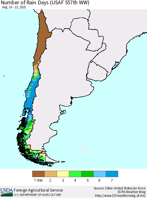 Chile Number of Rain Days (USAF 557th WW) Thematic Map For 8/16/2021 - 8/22/2021