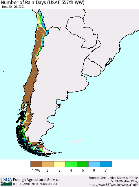 Chile Number of Rain Days (USAF 557th WW) Thematic Map For 12/20/2021 - 12/26/2021