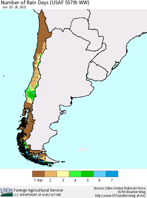 Chile Number of Rain Days (USAF 557th WW) Thematic Map For 6/20/2022 - 6/26/2022