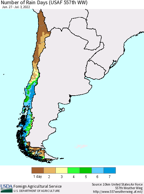 Chile Number of Rain Days (USAF 557th WW) Thematic Map For 6/27/2022 - 7/3/2022