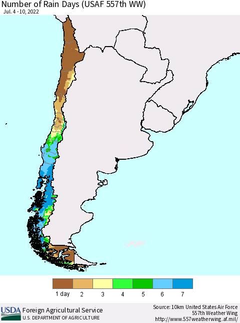 Chile Number of Rain Days (USAF 557th WW) Thematic Map For 7/4/2022 - 7/10/2022