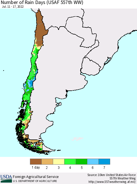 Chile Number of Rain Days (USAF 557th WW) Thematic Map For 7/11/2022 - 7/17/2022