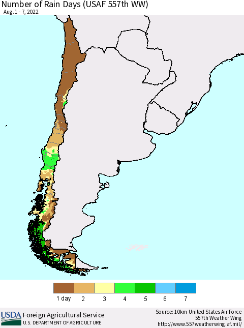 Chile Number of Rain Days (USAF 557th WW) Thematic Map For 8/1/2022 - 8/7/2022