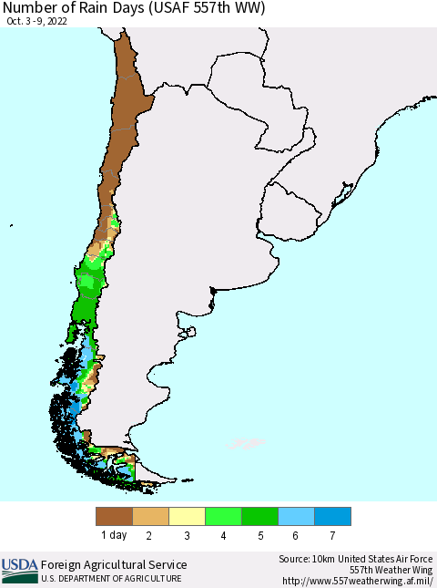 Chile Number of Rain Days (USAF 557th WW) Thematic Map For 10/3/2022 - 10/9/2022