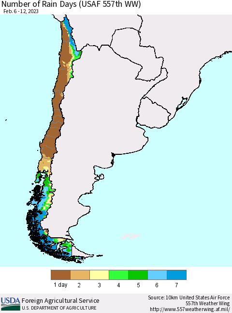Chile Number of Rain Days (USAF 557th WW) Thematic Map For 2/6/2023 - 2/12/2023