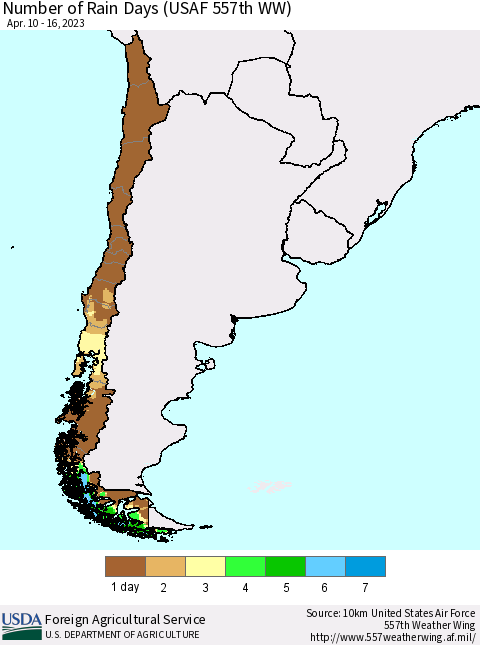 Chile Number of Rain Days (USAF 557th WW) Thematic Map For 4/10/2023 - 4/16/2023