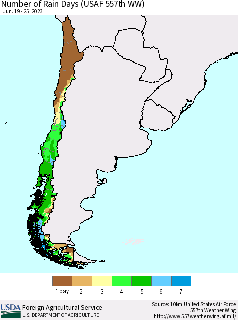 Chile Number of Rain Days (USAF 557th WW) Thematic Map For 6/19/2023 - 6/25/2023